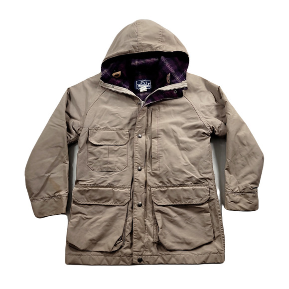 Vintage Woolrich Field Jacket Womens Small Tan Beige Nylon‎ Hooded Wool Lining - Picture 1 of 13